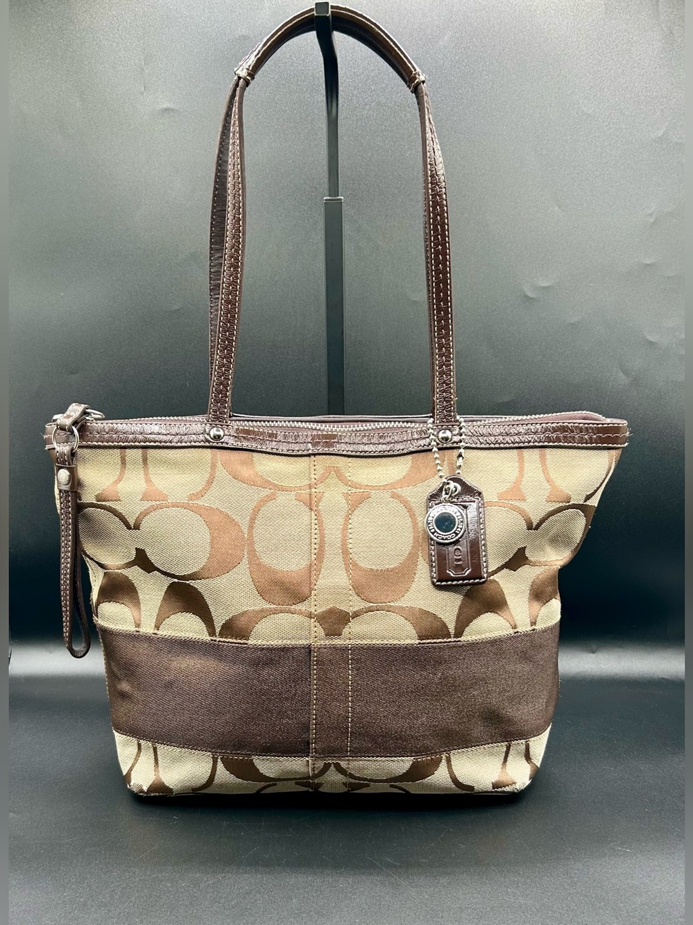 COACH Signature Stripe Tote Shoulder Bag in Tan & Brown Canvas and Leather Trim.